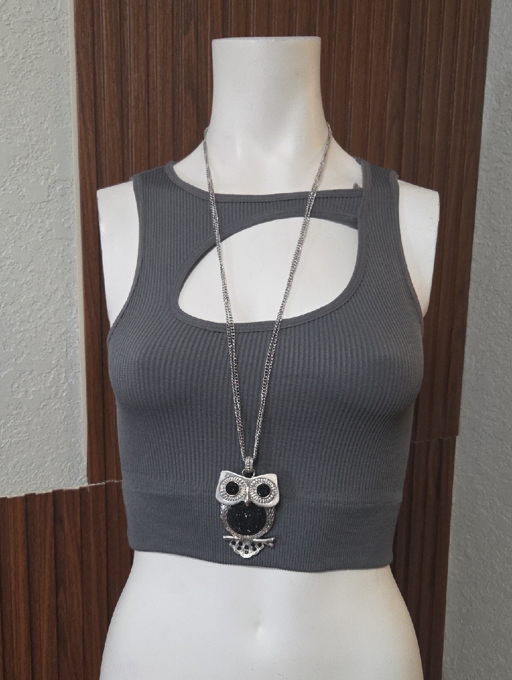 Boho Silver Tone Long Owl Pendant Necklace Black Rhinestones 18 In
